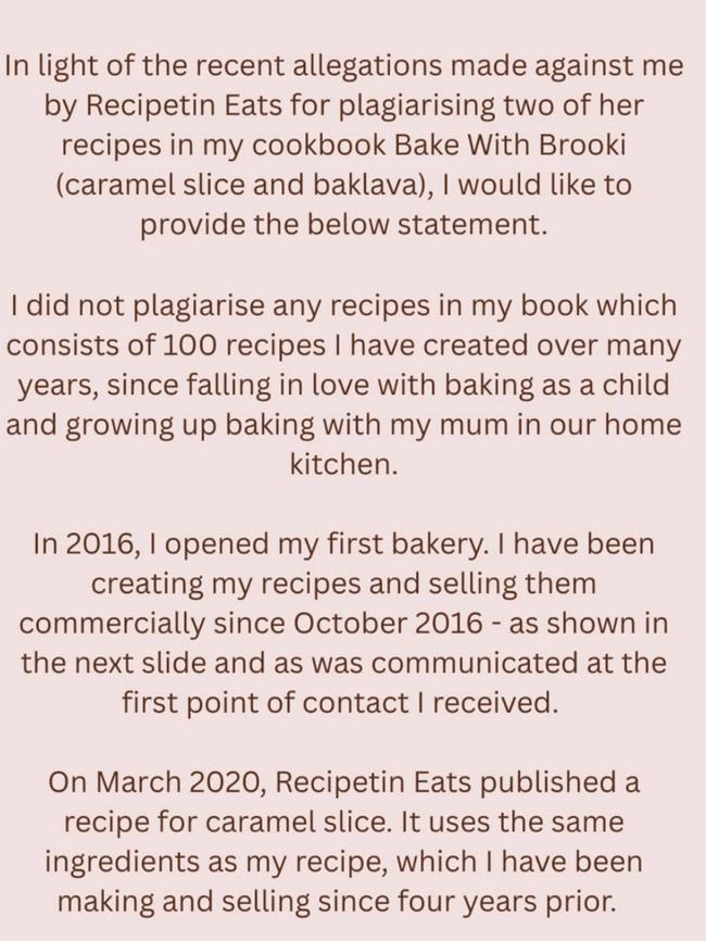 Brooke Bellamy posted to social media denying she had copied Maehashi’s recipes. Picture: Instagram.