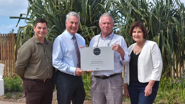 Dunes Harbour Beach project director David Argent, Mackay Mayor Greg Williamson, Dunes Harbour Beach sales consultant Leigh Martin and Mackay MP Julieanne Gilbert at the Dunes Harbour Beach estate official opening, August 2021. Picture: Lillian Watkins