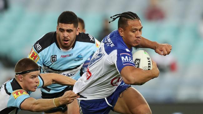 Bulldogs Sauaso Sue during the Bulldogs v Cronulla NRL match at ANZ Stadium, Homebush. Picture: Brett Costello