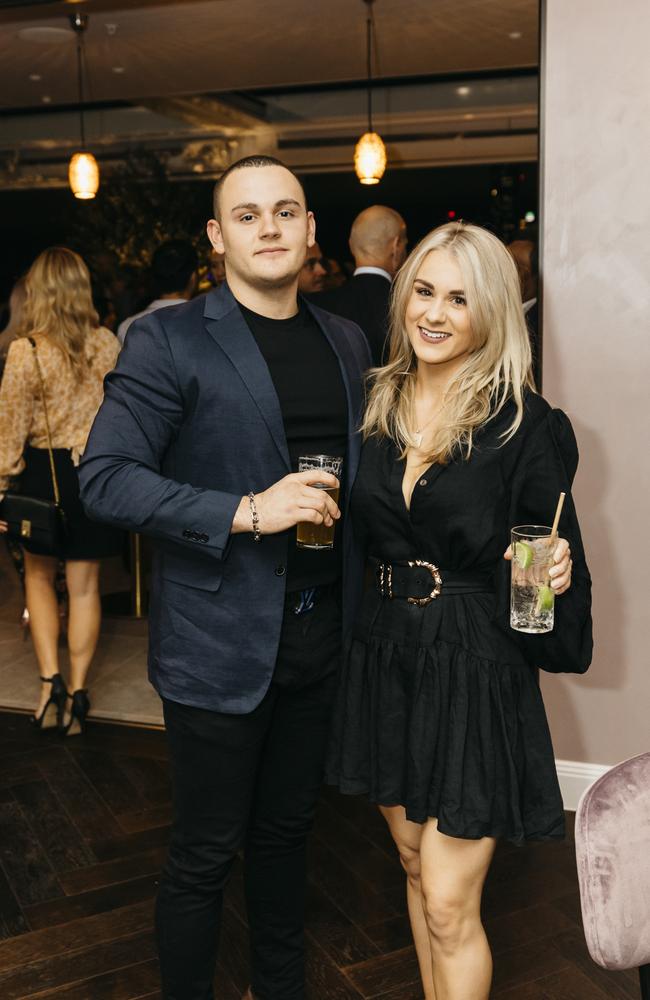 <p><span>Louka Bogiatzis and Chelsea Rosso </span>at the launch party for Fortitude Valley’s Iris Rooftop Bar &amp; Restaurant on top of Hotel X. Pictures: Markus Ravik</p>