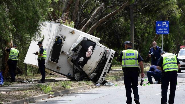 Police and emergency services at the scene of the fatal crash at Salisbury South, which killed Mr Brar. Picture: Bianca De Marchi