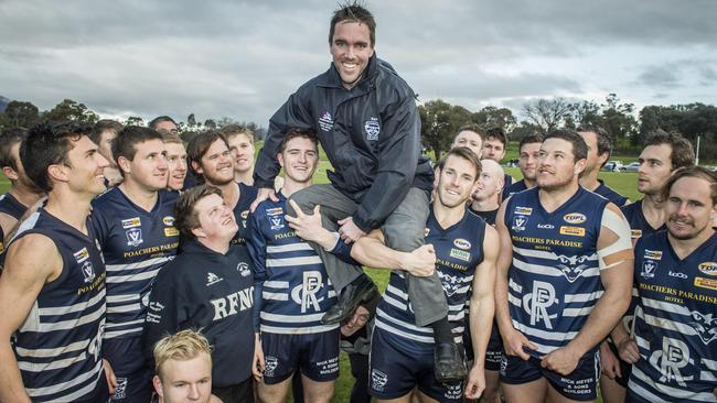 Rutherglen Coach Karl Jacka is Fighting Cancer, but doesn't let this stop him facing the elements to coach Rutherglen into the first round of Tallangatta league finals. Rutherglen play Thurgoona at Sandy Creek at Kiewa. Picture: Jason Edwards