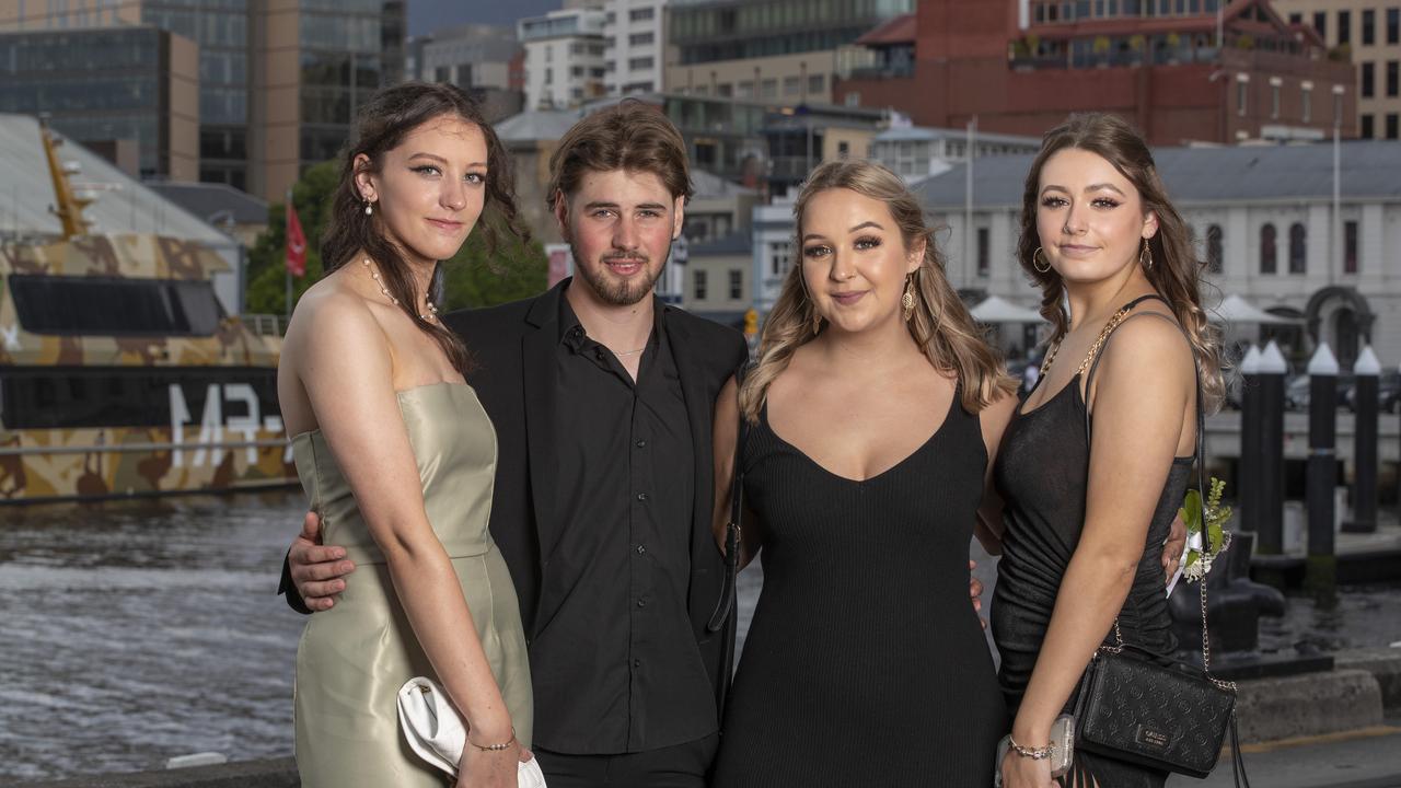 Hobart College leavers Dinner 2021 at the Hobart Function and Conference Centre, Faye Tolhurst, Jarrah Wells, Hannah Males and Elle Nauta. Picture: Chris Kidd