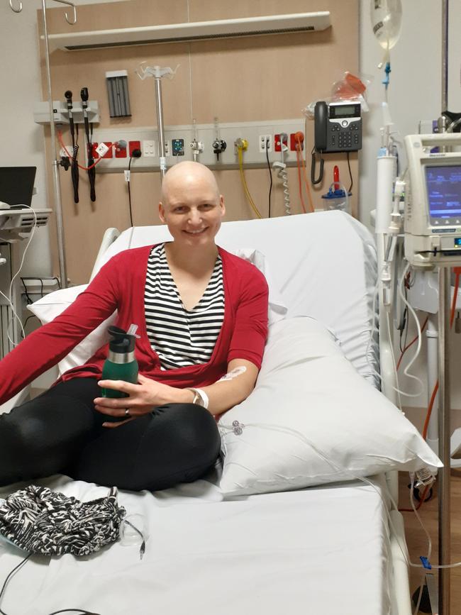 Claire during treatment. Claire Symons of Hobart who faced breast cancer in her 30s and is now wanting to raise awareness about the long term recovery post cancer. Picture: supplied