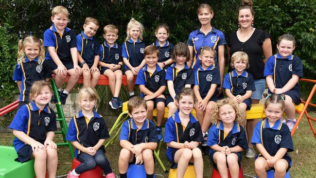 MY FIRST YEAR: Gympie South State School Prep J. Picture: Patrick Woods.FRONT ROW (SITTING): Emilea, Freya, Deakin, Ayda, Muhlani, Emity.MIDDLE ROW (SITTING ON YELLOW BEAM) FROM LEFT: Beckett, Sophia, Asha, Levi, Mackenzie BACK ROW FROM LEFT (ONE STANDING, THE REST ON THE RED BEAM): Indii, Stuart, Ari, Nate, Aleera, Lakyn, Mrs Marion Kahler (Teacher Aide) Mrs Danielle Jackson (Teacher)