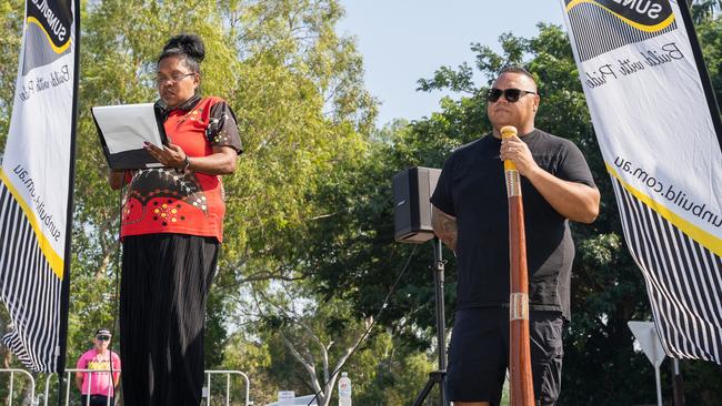 Lynette Fejo and William Hewitt welcome to country forthe NTRS Top End Gran Fondo 2023, Darwin. Picture: Pema Tamang Pakhrin