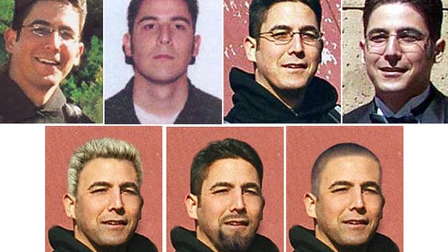 This combination handout image from the Federal Bureau of Investigation (FBI) shows several headshots (including computer touch ups – bottom) of Daniel Andreas San Diego. Picture: FBI/AFP