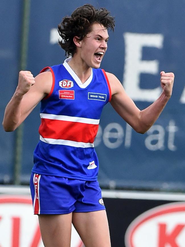 Curtis Taylor celebrates a goal during Keilor’s grand final win. Picture: Kylie Else.