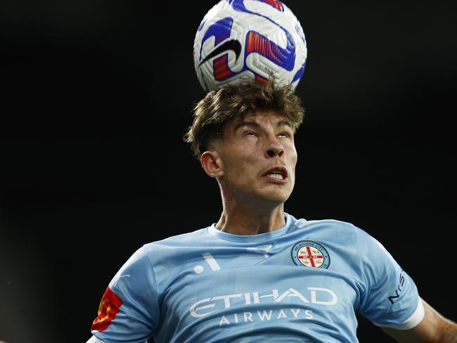 MELBOURNE, AUSTRALIA - JANUARY 07: Jordan Bos of Melbourne City heads the ball during the round 11 A-League Men's match between Melbourne City and Western United at AAMI Park, on January 07, 2023, in Melbourne, Australia. (Photo by Daniel Pockett/Getty Images)