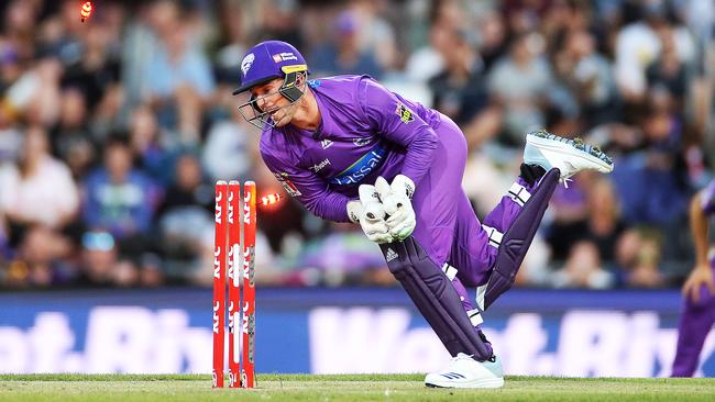 Ben McDermott attempts a stumping during the BBL09 elimination final between the Hobart Hurricanes and Sydney Thunder from Blundstone Arena. Picture: Zak Simmonds