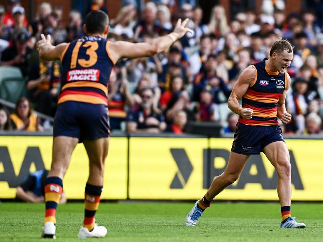 Jordan Dawson celebrates one of his three goals. Picture: Mark Brake/Getty Images