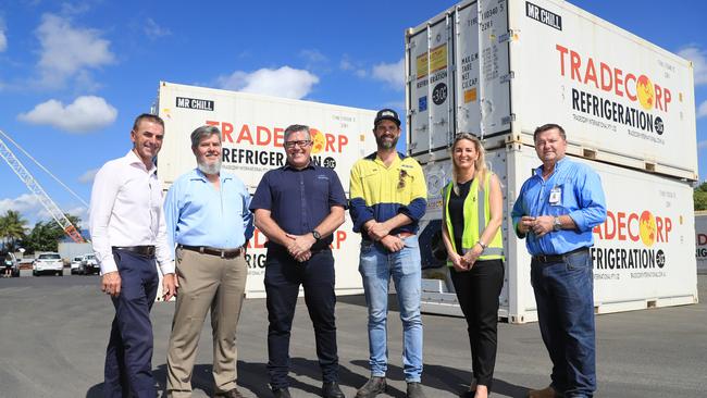 Advance Cairns CEO Nick Trompf, Ports North Chairman Russell Beer, General Manager of Austal Phil Growden, owner of SMC Marine Peter Philipp, Adrianne Gard of Tropical Reef Shipyard and Ben Renwick of Norship at the Cairns Port. Picture: Brendan Radke