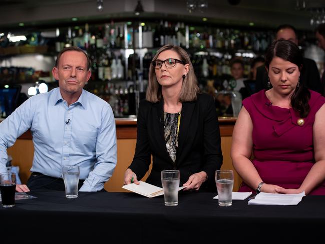 Former Prime Minister Tony Abbott, United Australia Party’s Suellen Wrightson and Greens’ Kristyn Glanville speaking at the Sky News “pub test” at the Harbord Beach Hotel. Picture: Monique Harmer