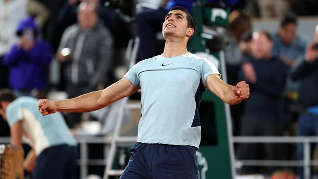 Carlos Alcaraz celebrates match point against Karen Khachanov. Picture: Gety