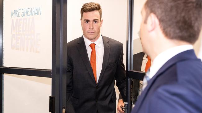 Jeremy Cameron leaves the AFL Tribunal.