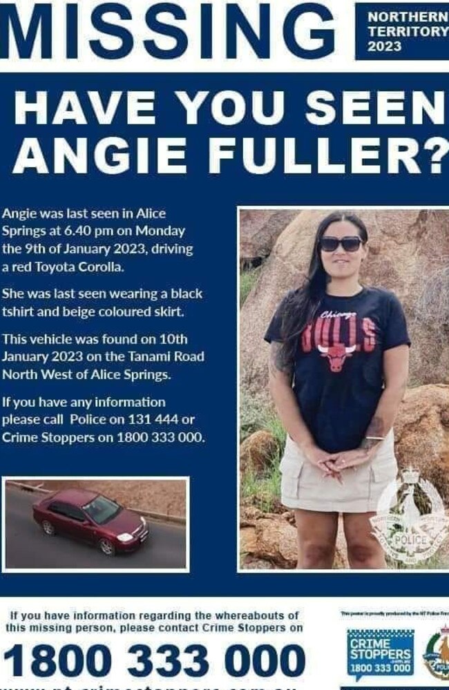 The missing persons poster for Angie Fuller, a 30-year-old Darwin mum who went missing in the Alice Springs region on Monday, January 9, 2023.