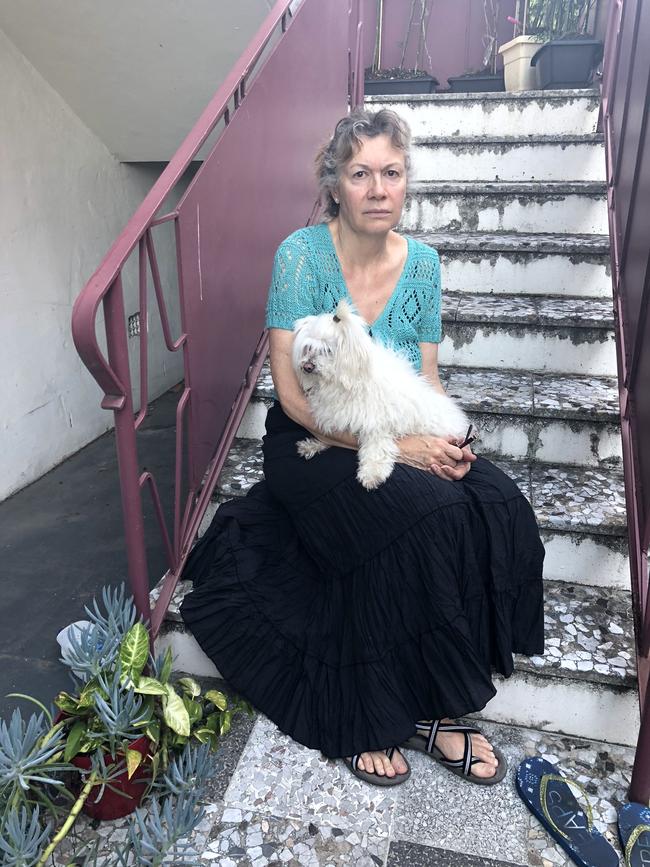 Lutwyche resident Shelley Threfall, 64, at her East St apartment block. She says she now has no choice but to sell the block of units, after having issues with the pathway at the side of the block being used as a thru-road. The noise is unbearable, and it's dangerous, she says.