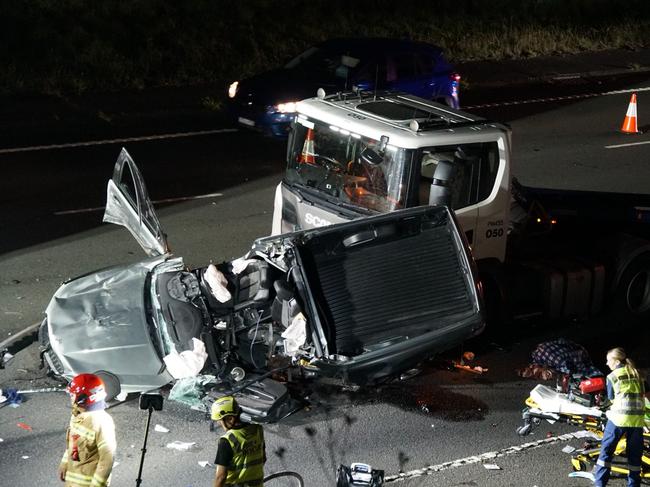 A truck and ute collided on the Hume Highway in Ingleburn overnight. Picture: Supplied