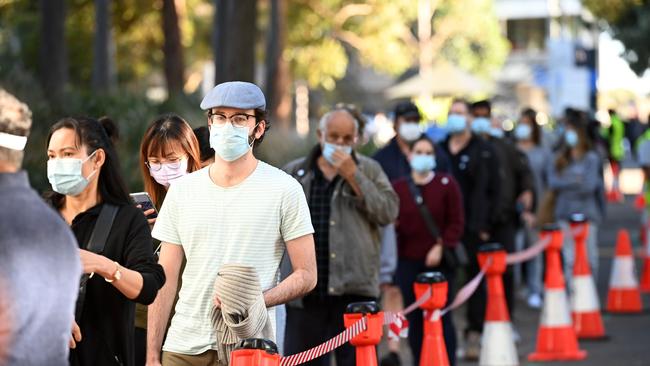 Sydneysiders queue at the Sydney Olympic Park vaccination hub in Homebush. Picture: NCA NewsWire / Jeremy Piper