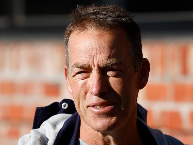 MELBOURNE, AUSTRALIA - JULY 18: Alastair Clarkson, Senior Coach of the Kangaroos speaks with media at Arden Street on July 18, 2023 in Melbourne, Australia. (Photo by Michael Willson/AFL Photos via Getty Images)