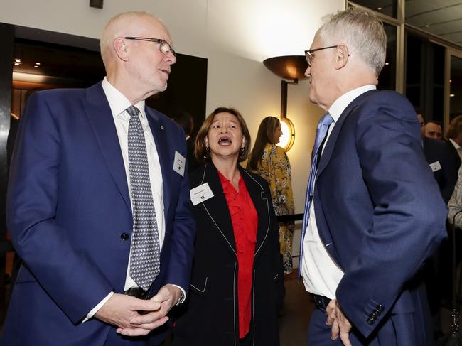 ABC chair Justin Milne, ABC Managing Director Michelle Guthrie and Prime Minister Malcolm Turnbull on 15 August 2018. Photo: Alex Ellinghausen