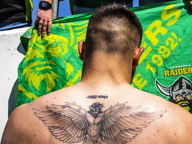 CANBERRA, AUSTRALIA - OCTOBER 01: Nick Cotric of the Raiders signs autographs during a Canberra Raiders Training Session & Media Opportunity at GIO Stadium on October 01, 2019 in Canberra, Australia. (Photo by Jenny Evans/Getty Images)