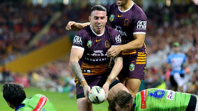 Darius Boyd of Brisbane celebrates scoring a try with Jordan Kahu during the NRL match between the Brisbane Broncos and the Canberra Raiders. Pic Darren England.