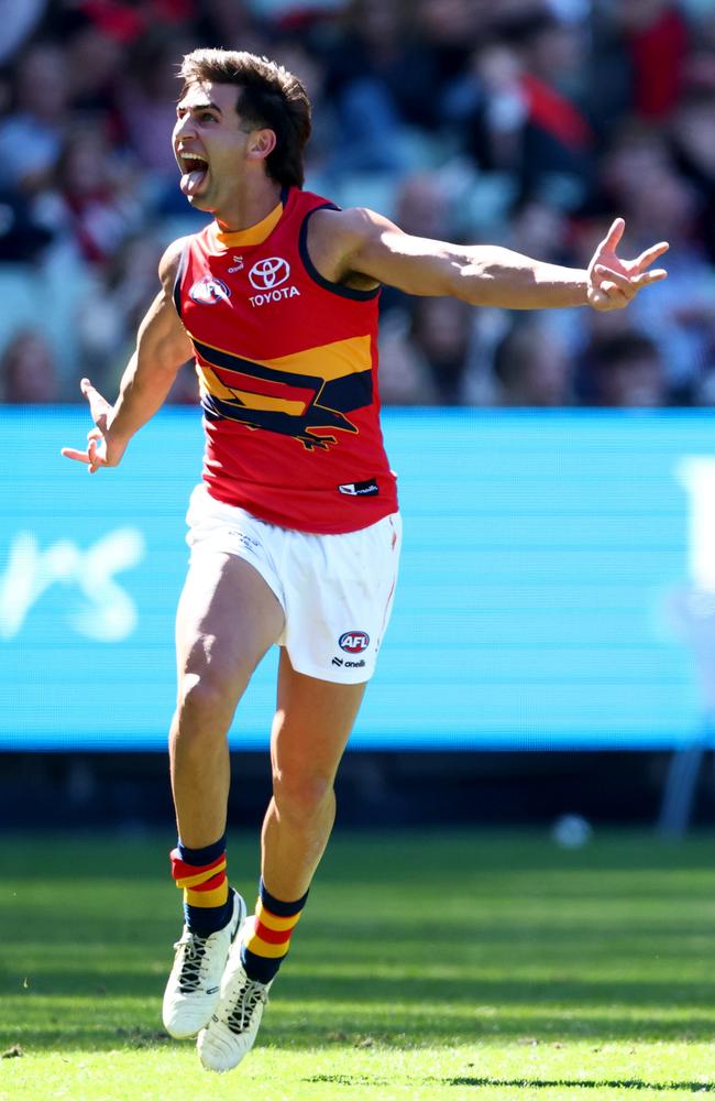 Josh Rachele celebrates during Adelaide’s MCG win over Essendon. Picture: Josh Chadwick/AFL Photos