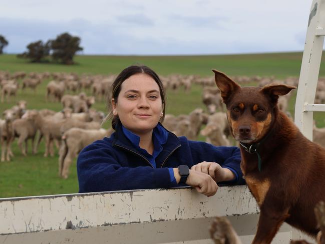 Western Australian sheep and grain farmer Makaela Knapp, with her dog Dexter, wants to see the Albanese government's ban on live sheep exports overturned. Picture: Charlie Peel