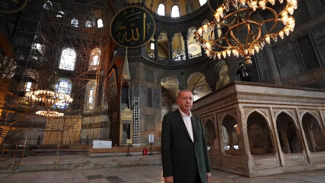 Turkey’s President, Recep Tayyip Erdogan, visits Hagia Sophia in Istanbul on Sunday. Picture: AFP