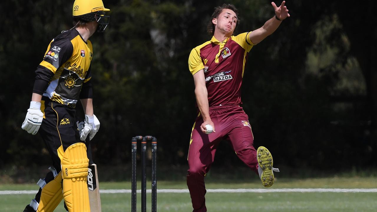 Tea Tree Gully paceman Nick Stathoris in action against Glenelg. Picture: SACA