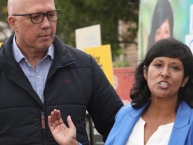 2023 Aston by-Election. Liberal party candidate Roshena Campbell campaigning at Lysterfield Primary School with Liberal party leader Peter Dutton. Saturday, April 1, 2023. Picture: David Crosling