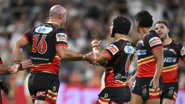 PRE 2025 RD03 Dolphins v Gold Coast Titans - Mark Nicholls, Try, Celebration. Picture: NRL Imagery