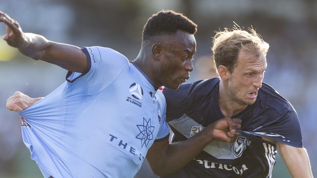 Georg Niedermeier, right, of the Victory in action against Sydney FC earlier this season. Picture: AAP