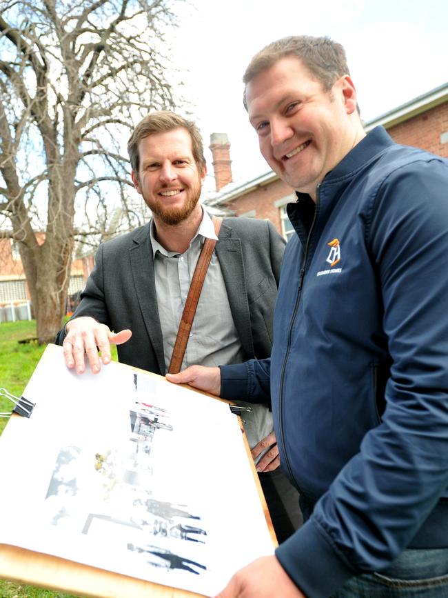 Project architect Thomas Bailey, left, and New Norfolk Distillery director Justin Derksen on site of the proposed distillery and cellar door at Willow Court in New Norfolk. Picture: FIONA HARDING