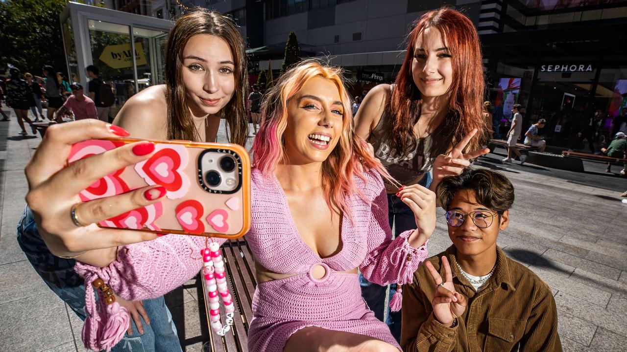 One of the biggest SA TikTok stars Jenna Hudson has over a million followers, pictured with fans Ena Delalic, 17, Tahlia Hutchinson, 17, and Eddie Neri, 17. Picture: Tom Huntley