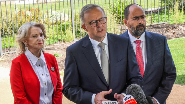 Senator Helen Polley, Opposition Leader Anthony Albanese and Labor candidate for Bass Ross Hart at Launceston for day one of the 2022 federal election campaign. Picture: Alex Treacy