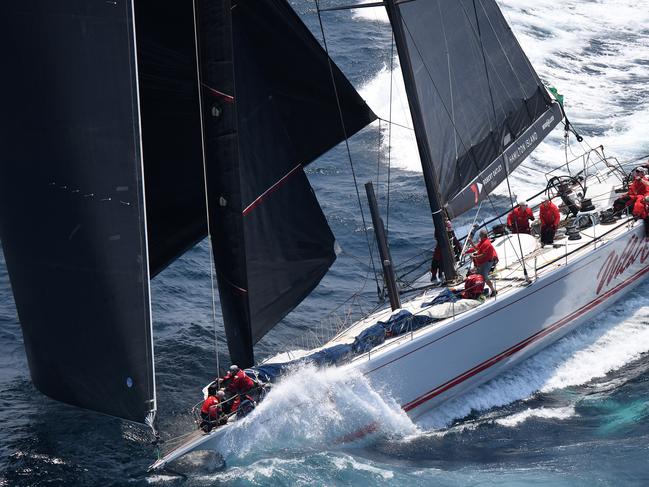 Wild Oats XI makes its way down the coast following the start of the Sydney to Hobart Yacht race in Sydney, Thursday, December 26, 2019. (AAP Image/Dean Lewins) NO ARCHIVING, EDITORIAL USE ONLY