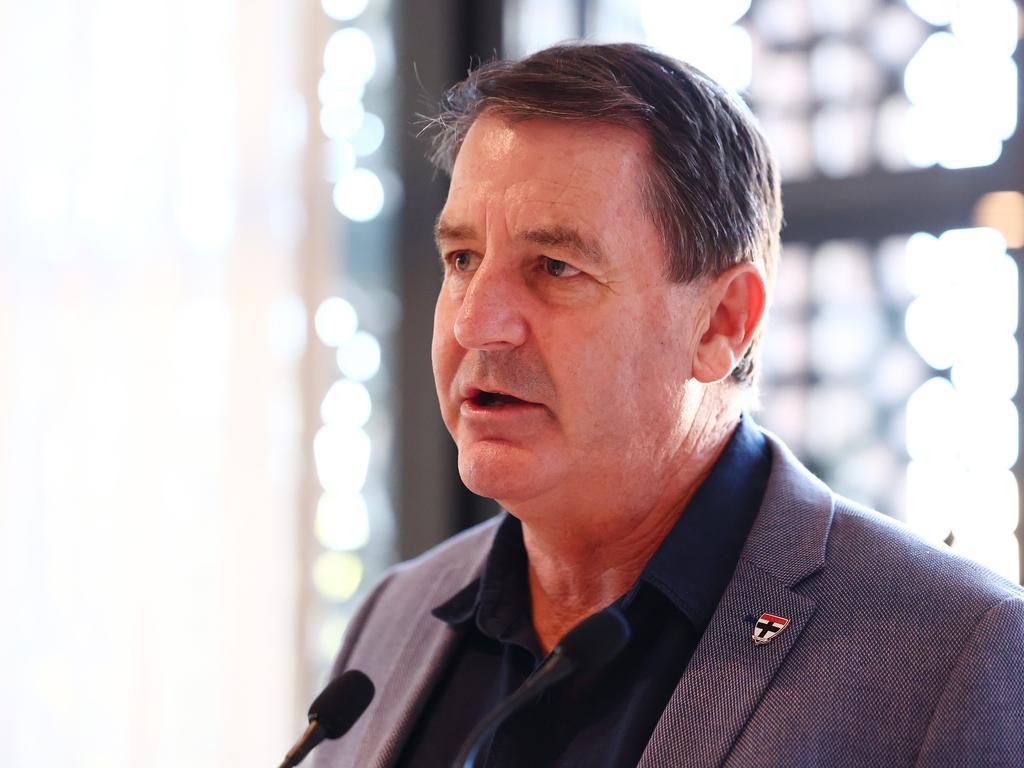 St Kilda AFL Coach Ross Lyon speaks on stage during St Kilda’s reveal of a new logo. Picture: Morgan Hancock/AFL Photos/via Getty Images.