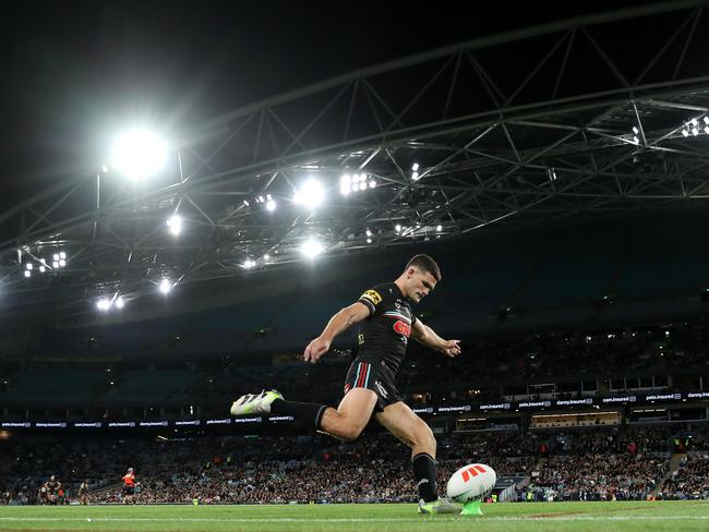 SYDNEY, AUSTRALIA - SEPTEMBER 22:  Nathan Cleary of the Panthers kicks a conversion during the NRL Preliminary Final match between the Penrith Panthers and Melbourne Storm at Accor Stadium on September 22, 2023 in Sydney, Australia. (Photo by Brendon Thorne/Getty Images)