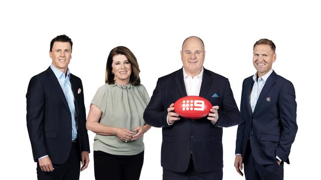 Matthew Lloyd, Caroline Wilson, Craig Hutchison and Kane Cornes on Footy Classified. Picture: Channel 9.