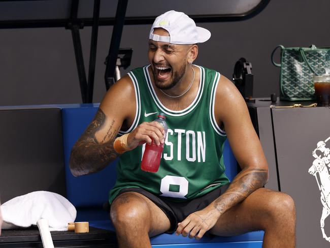 MELBOURNE, AUSTRALIA - JANUARY 10: Nick Kyrgios of Australia reacts during a practice session ahead of the 2025 Australian Open at Melbourne Park on January 10, 2025 in Melbourne, Australia. (Photo by Daniel Pockett/Getty Images)