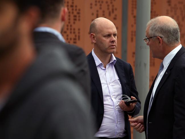 Press Secretary Staff Andrew Carswell chats with former Prime Minister Scott Morrison. Picture: Gary Ramage