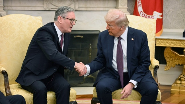 A very different meeting ... Trump with British Prime Minister Sir Keir Starmer in the Oval Office on Thursday. Picture: AFP