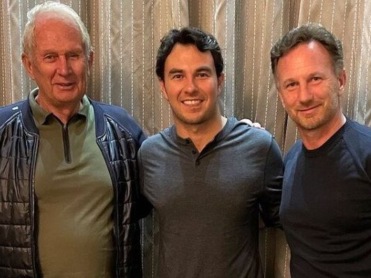 Sergio Perez (middle) is in the hot seat after Christian Horner (right) announced his arrival at Red Bull.