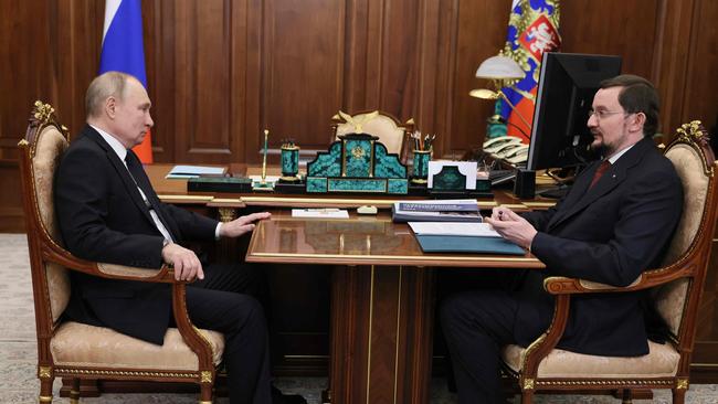 Russian President Vladimir Putin, pictured in a meeting with Delovaya Rossiya Public Organisation's president Alexei Repik, says 77,000 of 300,000 Russian reservists called up were now in combat. Picture: AFP