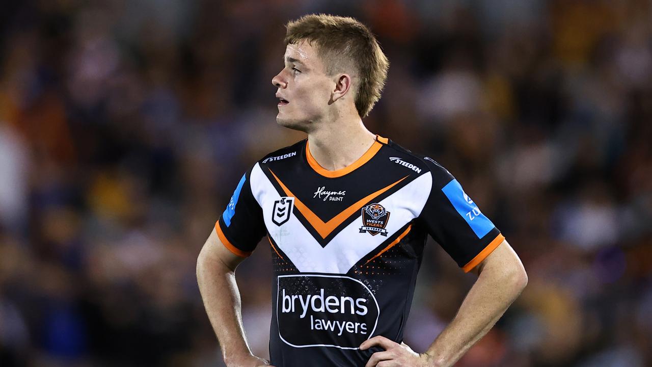 Lachlan Galvin has received the same hype that Luke Brooks got at the Wests Tigers, with the pair to team up in Papua New Guinea on Sunday. Picture: Jeremy Ng/Getty Images