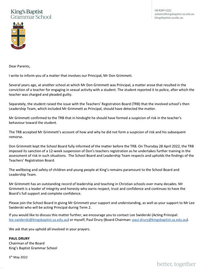 Letter from King's Baptist Grammar School to parents of students.