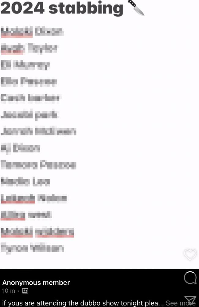 List of names of real people who were threatened to be stabbed if they went to the Dubbo Show.