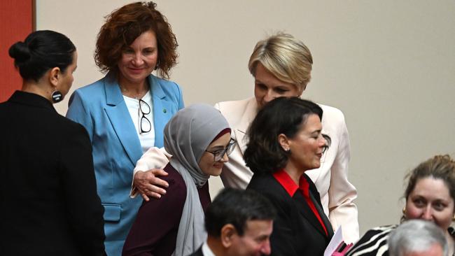 Labor Senator Fatima Payman is embraced by Environment Minister Tanya Plibersek on Monday. Picture: AAP